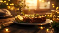 Savory meat dish garnished with fresh herbs and lemon on white plate against warm bokeh lights background, creating cozy dinner atmosphere.