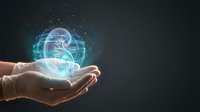 Hands holding glowing holographic brain with neural networks and digital connections on dark background for technology and AI concepts.