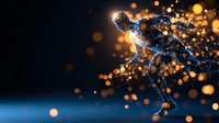 Glowing particles form running athlete silhouette against dark background with blue and orange light effects, depicting motion, energy and achievement in sports.