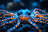 Luminescent blue and orange octopus with glowing spots in dark underwater environment creates magical marine atmosphere for nature and wildlife designs.