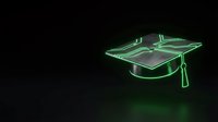 Neon glowing graduation cap with green light effect on dark background, symbolizing education, academic achievement, and learning success for online courses and university programs.