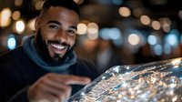Young African American man with beard smiling while reading menu in restaurant with warm ambient lighting and bokeh background, expressing joy and contentment.