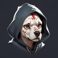 Dog wearing dark hooded jacket with tribal face paint markings in red and white, artistic character portrait against dark background, fantasy animal illustration.