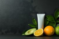 White cosmetic tube with fresh citrus fruits, avocado and green leaves on dark background. Natural skincare and beauty concept for product placement.