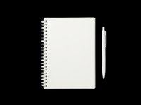 Spiral bound notebook with blank cream pages and white pen, isolated on transparent background, ready for clipart, print-on-demand, sublimation, and design projects.