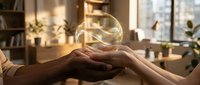 Hands protecting glowing light bulb symbolizing innovation, creativity and bright ideas in modern office environment for business concepts.