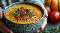 Creamy pumpkin soup garnished with fresh chopped tomatoes, herbs and black pepper in gray ceramic bowl, hands holding warm comfort food against dark background.