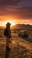Female traveler with backpack standing in desert landscape at sunset, watching vintage off-road vehicle on dirt road with mountains in background. Adventure and exploration concept.