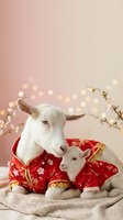 White goat mother and baby kid wearing red traditional Asian outfits with gold trim, sitting together with warm bokeh lights and cherry blossoms.