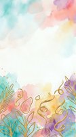 Watercolor background with pastel gradient featuring turquoise, pink, purple and yellow washes, gold botanical leaf elements and decorative swirls, isolated on white for design projects.