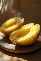 Fresh ripe asian pear halves with juicy yellow flesh on wooden board in natural sunlight, macro food photography for healthy eating and fruit concepts.