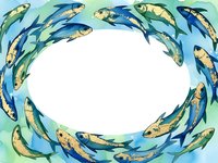 Circular school of fish swimming in spiral formation with white center space for text or design elements on aquatic blue green background.