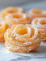 Golden spiral-shaped pastries dusted with powdered sugar arranged on marble surface for bakery and dessert photography.
