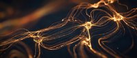 Glowing golden neural network connections branching across dark background, representing artificial intelligence, data transfer, and digital communication technology.