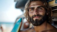 Smiling bearded surfer with long wavy hair and blue eyes enjoying sunny day at beach near surfboard, natural outdoor portrait capturing carefree summer lifestyle.