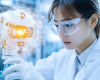 Young Asian female scientist in lab coat and safety glasses examining holographic AI robot projection with glowing digital particles in modern laboratory.