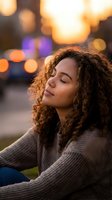 Young mixed-race woman with curly hair relaxing outdoors with eyes closed, enjoying peaceful moment in warm evening light with bokeh background.