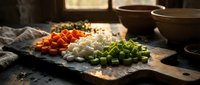 Fresh diced vegetables on rustic slate board with carrots onions and celery prepared for cooking in warm kitchen setting with ceramic bowls and natural lighting.