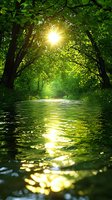 Sunlight breaks through lush green forest canopy, creating golden reflections on calm river water. Natural tunnel formed by overhanging trees frames serene wilderness scene.