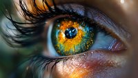 Extreme macro shot of mesmerizing multicolored eye with long eyelashes showing intricate iris details in blue, gold and green tones against dark background.