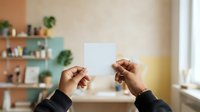 Young adult with medium skin tone holding blank white card in modern home interior with wooden shelves and potted plants, suitable for business messaging, greeting cards, and promotional campaigns.