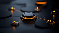 Futuristic black circular nodes connected by glowing orange lines creating network visualization on dark surface with dramatic lighting and depth effect.