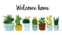 Cheerful potted succulents and cacti with cute kawaii faces arranged in a row with welcome home text, watercolor style on white background for greeting cards.
