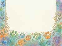 Colorful paw prints and botanical elements frame a blank center space, perfect for pet-related designs, greeting cards, posters, and animal-themed marketing materials.