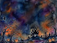 Spooky Halloween watercolor background with haunted house, bare trees, flying bats and glowing jack-o-lanterns under dramatic stormy sky for seasonal designs.