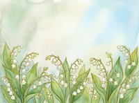 Watercolor lily of the valley flowers with green leaves on soft pastel background, copy space for greeting cards and spring designs.