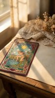 Single tarot card The Star on wooden table with warm sunlight and dried flowers creating mystical atmosphere for divination and spiritual guidance.