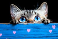 Curious tabby cat with bright blue eyes peeking over blue wooden surface decorated with pink hearts, against black background. Playful feline portrait.