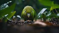 Curious green parakeet foraging on ground among leaves, close-up portrait showing beak and eyes in natural environment with shallow depth of field.