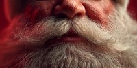 Close-up of white beard and mustache against red background, showcasing facial hair texture and detail for holiday season designs and festive marketing campaigns.