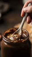 Spoon lifting creamy chocolate spread with nuts from glass jar, close-up food photography for culinary and breakfast content.