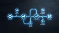Digital marketing funnel with neon glowing icons showing sales strategy, campaigns, analytics, conversion tracking, and alignment on dark tech background.