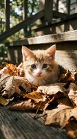 Young tabby and white kitten peeking through autumn leaves near wooden fence. Playful pet exploring outdoor garden environment during fall season.