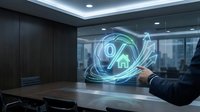 Businessman touching holographic mortgage rate interface in modern office conference room with digital percentage and house symbols.