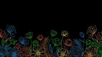 Colorful neon outline flowers and leaves border on black background for modern design projects and digital artwork decoration.