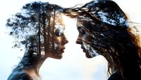 Double exposure portrait of two women in profile facing each other with forest trees and nature landscape merged into their silhouettes against bright sky background.
