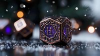 Ornate copper gaming dice with glowing blue numbers on dark background with bokeh lights and sparkles, creating magical atmospheric composition.