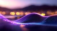 Glowing digital wave visualization with purple and blue light particles flowing over blurred city lights background at dusk, modern technology concept.