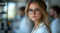 Young blonde woman wearing glasses and white shirt in office environment looking at camera with confident professional expression. Natural window lighting.
