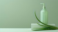 Minimalist green cosmetic bottle with aloe vera leaf on light surface against sage green background. Modern skincare and wellness concept.