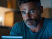 Mature Caucasian man with gray beard and striking blue eyes working late at night on laptop computer in dark room lit by screen glow, wearing casual blue shirt.