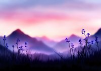 Dreamy purple mountain landscape at sunset with silhouettes of wildflowers in foreground against misty peaks and pink-violet sky, creating serene nature scenery.