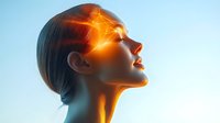 Young woman experiencing intense head pain with glowing orange neural pathways visualization against blue background, representing migraine and neurological conditions.