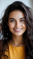 Young Middle Eastern woman with radiant smile, long dark wavy hair, and natural makeup wearing yellow top, photographed in soft natural lighting against blurred background.