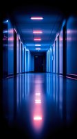Empty dark corridor with neon pink and blue lighting creating moody atmosphere, reflective floor surface shows dramatic light pattern, doors line both sides.