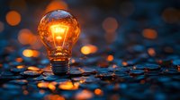 Glowing light bulb with warm filament on dark surface with bokeh lights background symbolizing creativity innovation and bright ideas for business concepts.